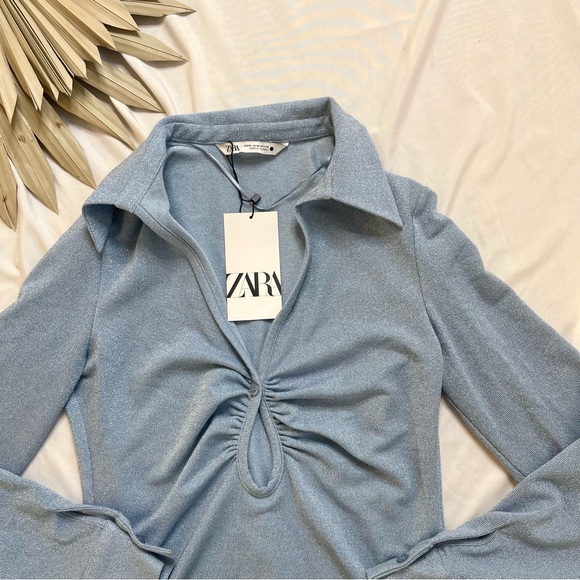 Zara Open Detail Ruched Blue Metallic Silver Keyhole Knit Y2K Blouse Top Medium - Picture 3 of 7
